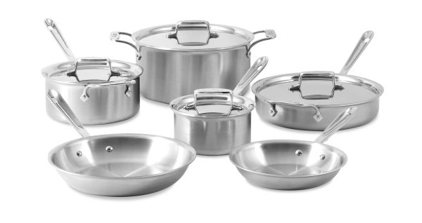 All Clad - 10 Pc D5 Brushed Stainless Cookware Set, 5-Ply Bonded Cookware, Made in USA