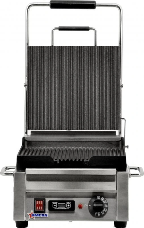 Omcan - 10" X 11" Single Panini Grill With Grooved Top And Bottom Grill Surface With Timer - 42910