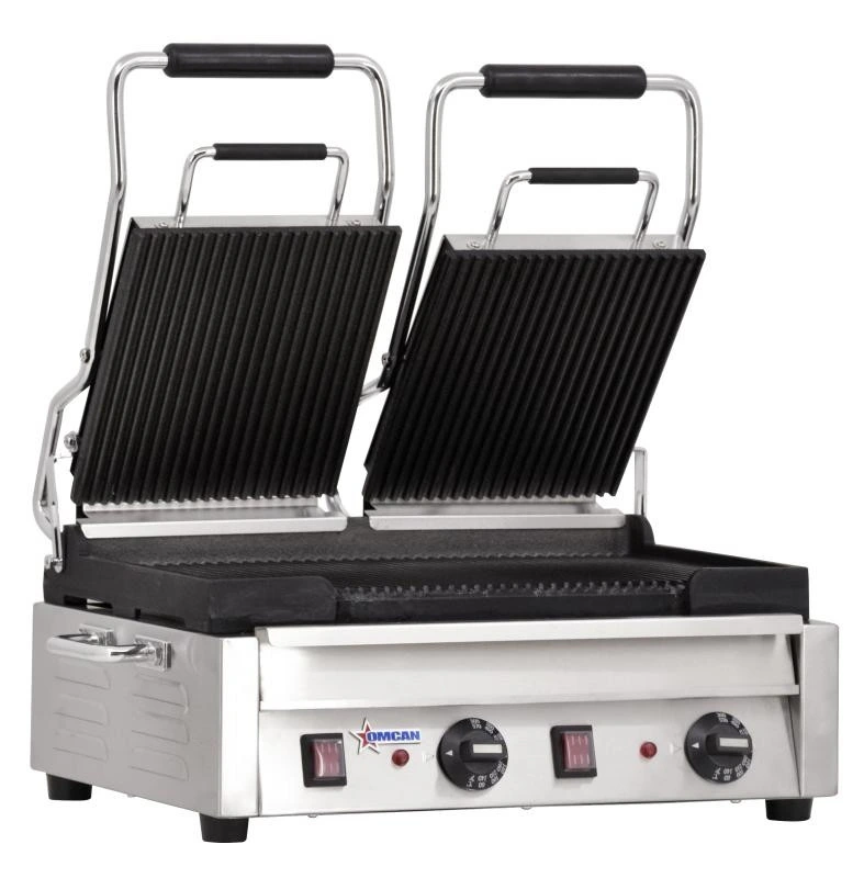 Omcan - 10" X 18" Double Panini Grill With Top And Bottom Grooved Grill Surface - 19937