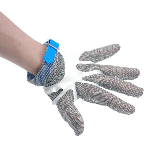 Omcan - Five Finger Stainless Steel Mesh Glove With Blue Silicone Strap  Large - 44350