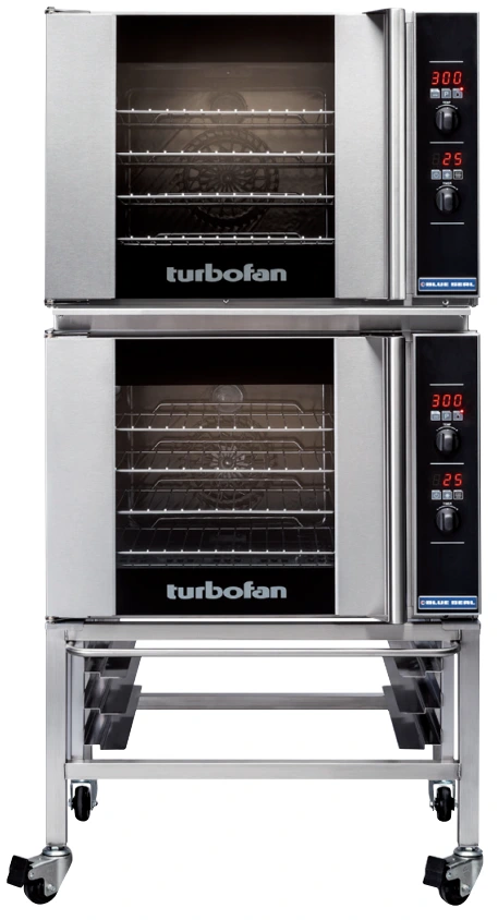 Turbofan - 32" Half Size Sheet Pan Digital Electric Convection Ovens Double Stacked 208V w/ Stand - E31D4/2C