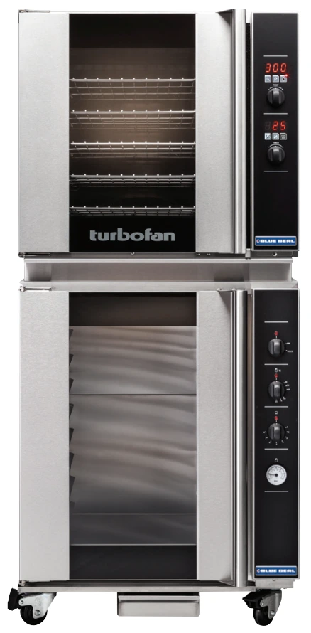 Turbofan - 29" Full Size Sheet Pan Digital Electric Convection Oven Double Stacked 208V on a Manual Electric Proofer & Holding Cabinet - E32D5/P8M