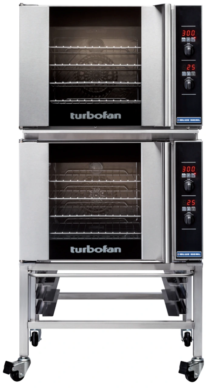 Turbofan - 32" Half Size Sheet Pan Digital Electric Convection Ovens Double Stacked 220-240V w/ Stand - E31D4/2C