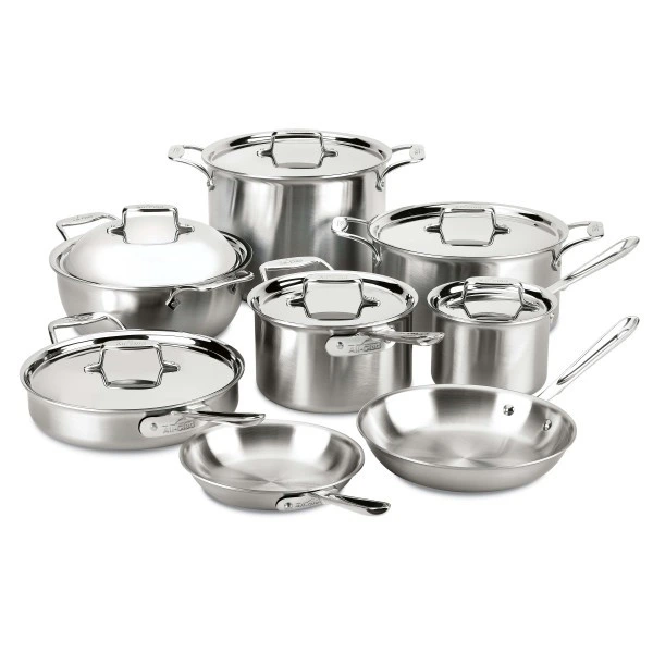 All-Clad - 14 Pc D5 Brushed Stainless Cookware Set, 5-Ply Bonded Cookware, Made in USA