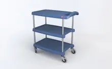 Metro - 18" x 32" myCart MY1627-34BU Blue Antimicrobial Utility Cart with Three Shelves and Chrome Posts - MY1627-34BU