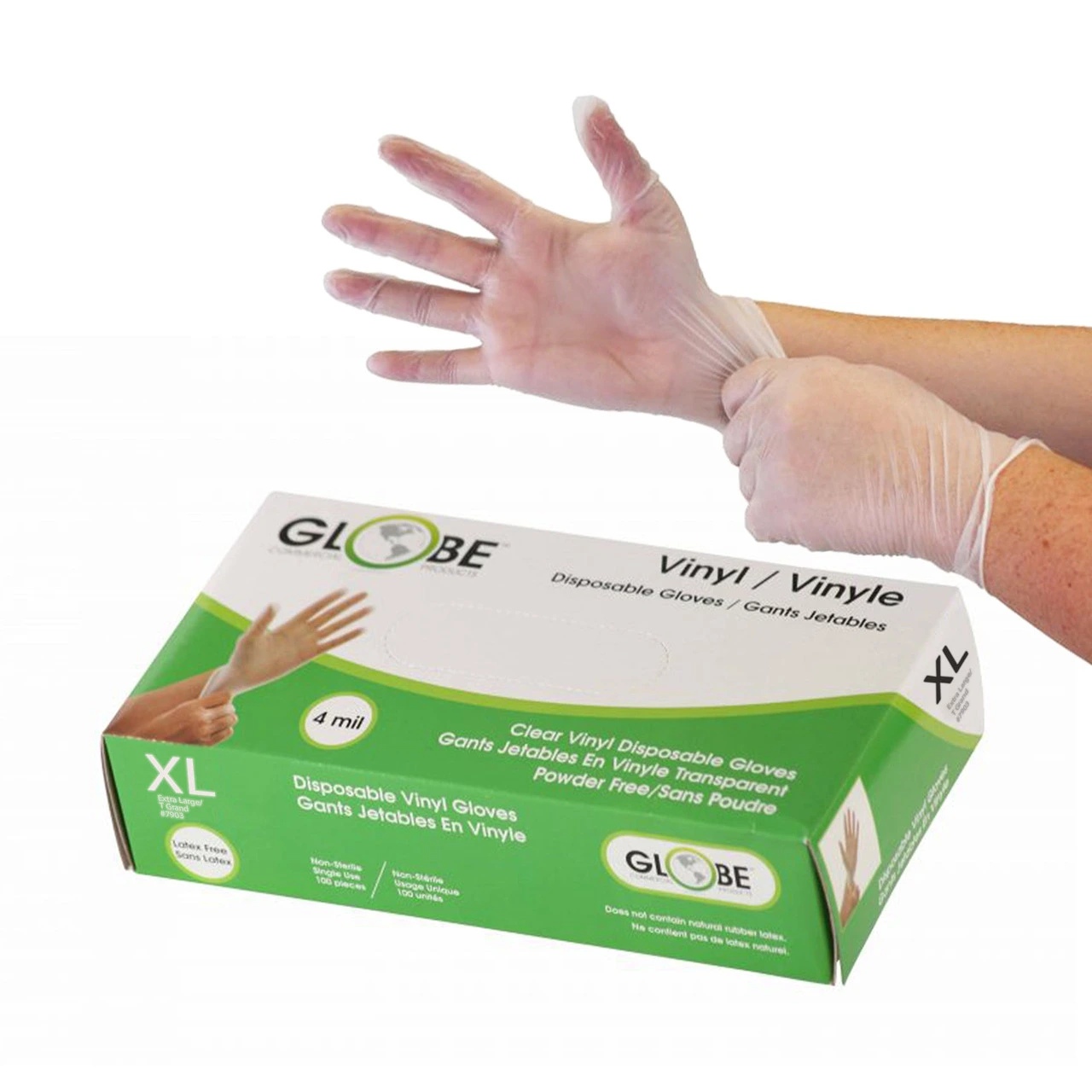 Globe - 4Ml Vinyl Disposable Powder Free Gloves (100/Box) XLARGE