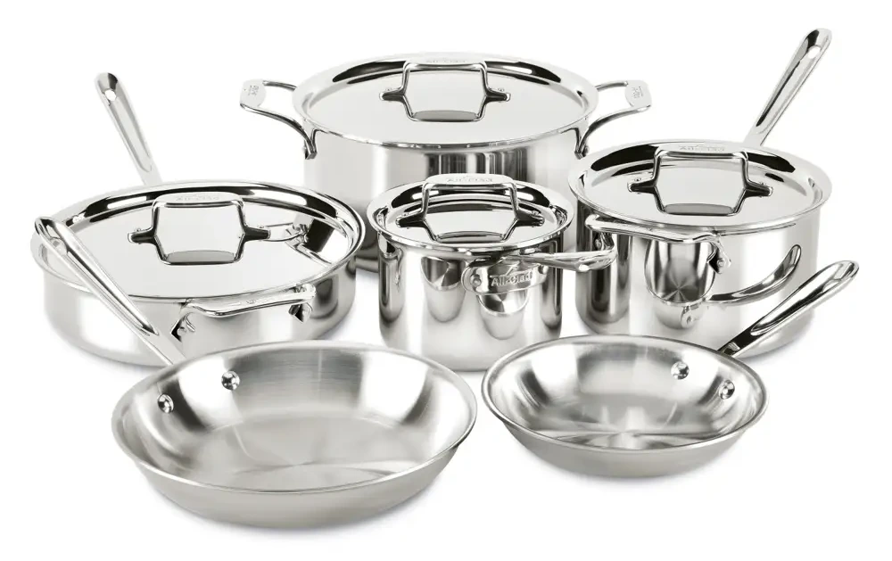 All-Clad - 10 Pc D5 Polished Stainless Cookware Set, 5-ply Bonded Cookware, Made in USA