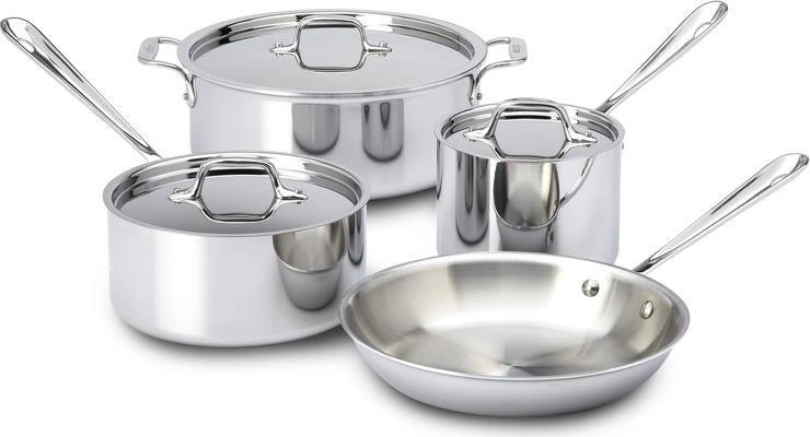 All-Clad - 7 Pc D3 Stainless Steel Cookware Set, 3-ply Bonded Cookware, Made in USA