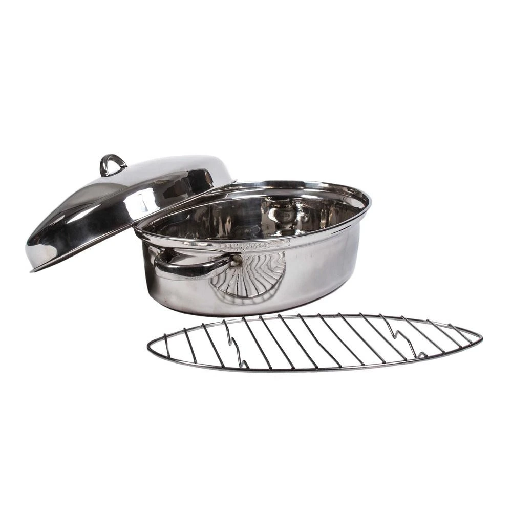 13 Qt 3 Pc Stainless Steel Oval Roaster W/ Lid & Rack - TB8052