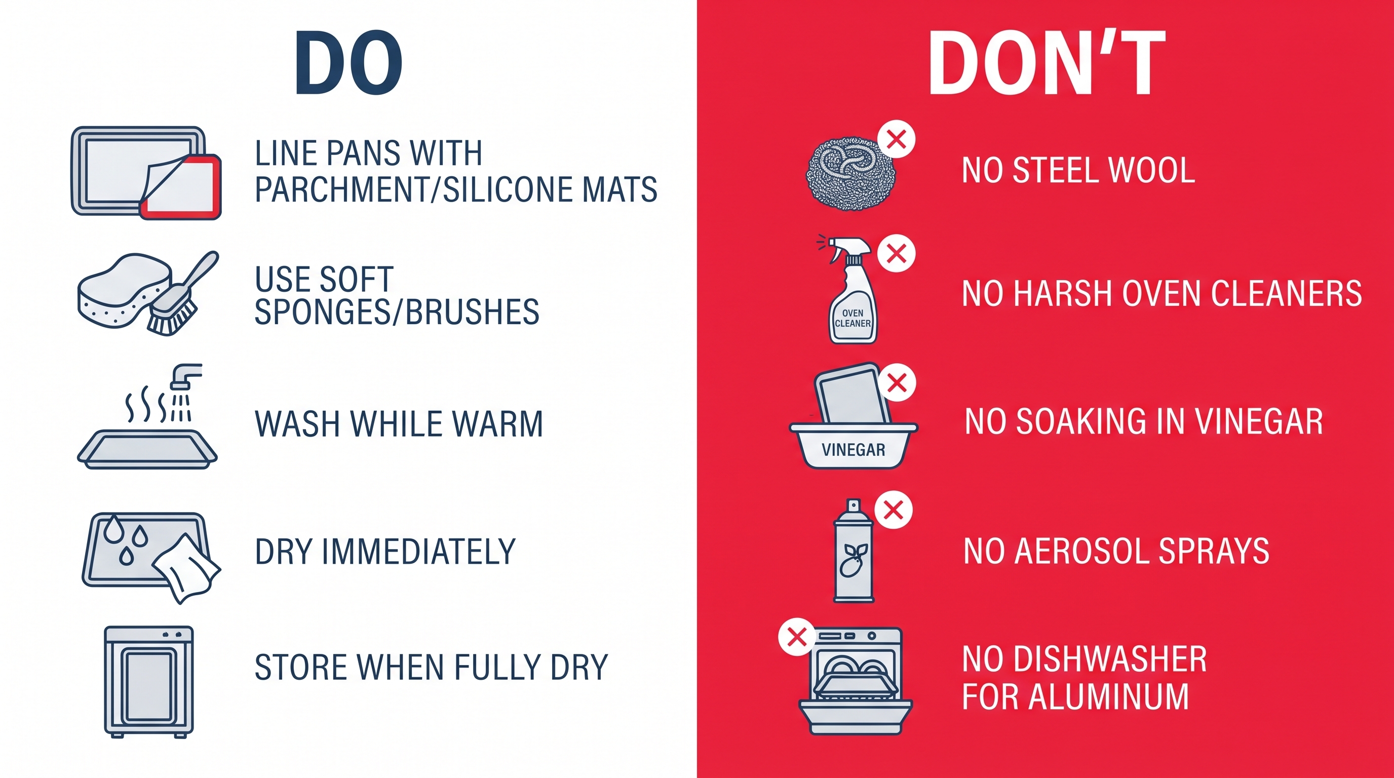 Do’s and don’ts infographic for preventing baked-on grease and keeping baking sheets clean.