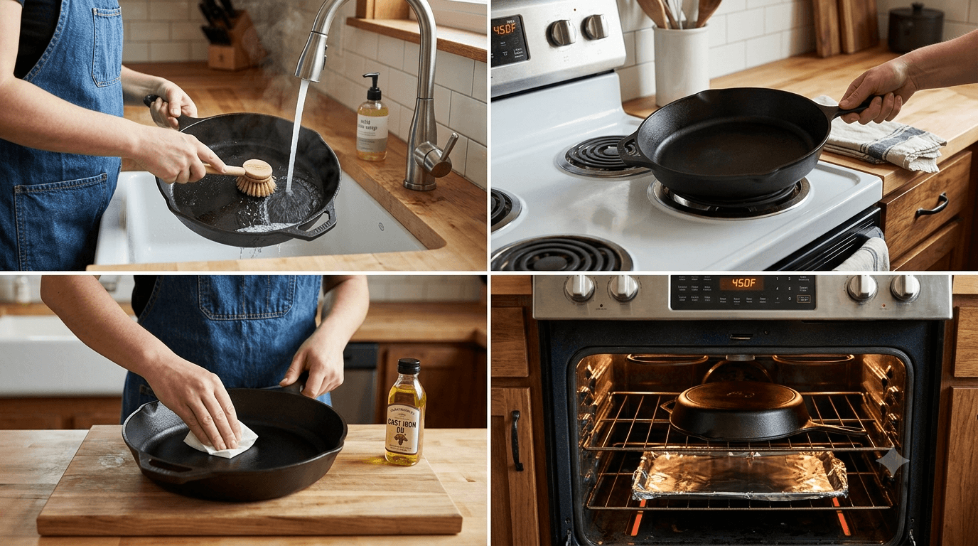 how to wash and season cast iron