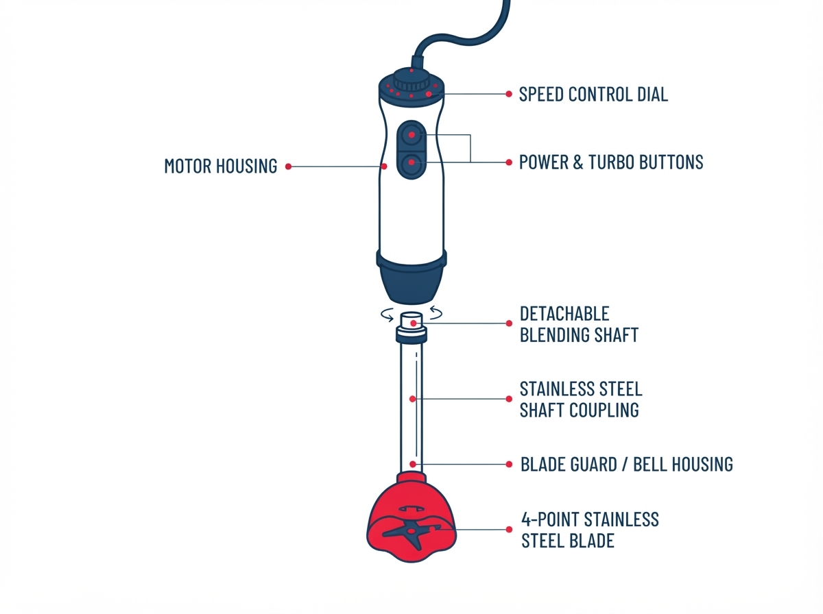 Immersion Blender Anatomy Diagram of an immersion blender with labelled parts including speed control dial, motor housing, power and turbo buttons, detachable blending shaft, stainless steel shaft coupling, blade guard bell housing, and 4-point stainless steel blade.
