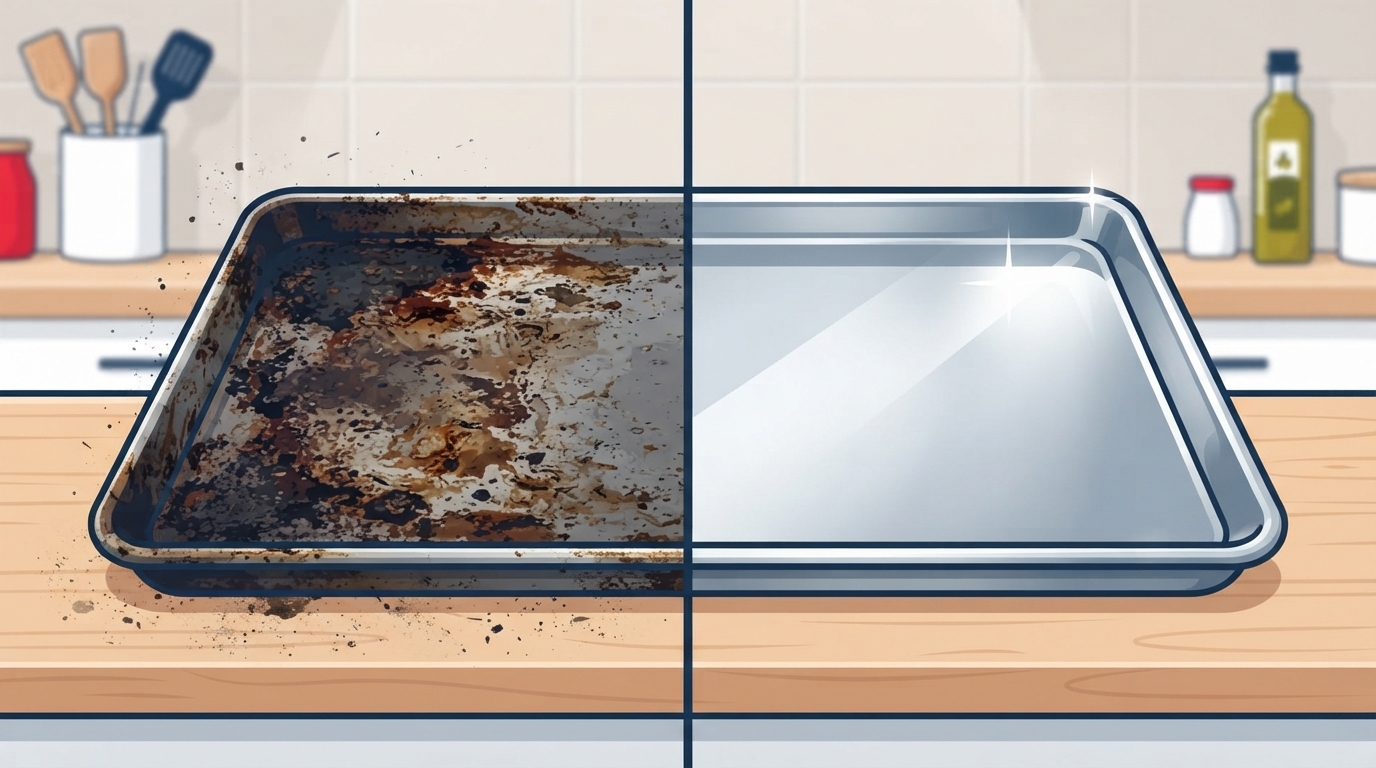 On the left side, a heavily stained, greasy, and blackened sheet pan. On the right side, a perfectly clean, shiny, and polished stainless steel sheet pan.